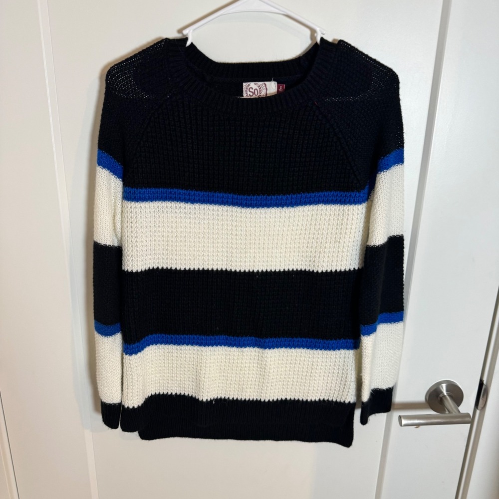 SO Juniors‎ Striped Knit Sweater Black White Blue Long Sleeve Crew Neck Size S